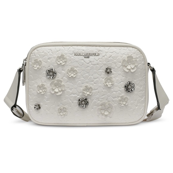 Karl Lagerfeld Paris Maybelle Crossbody Purse with Floral Pins in Winter White - Picture 2 of 12